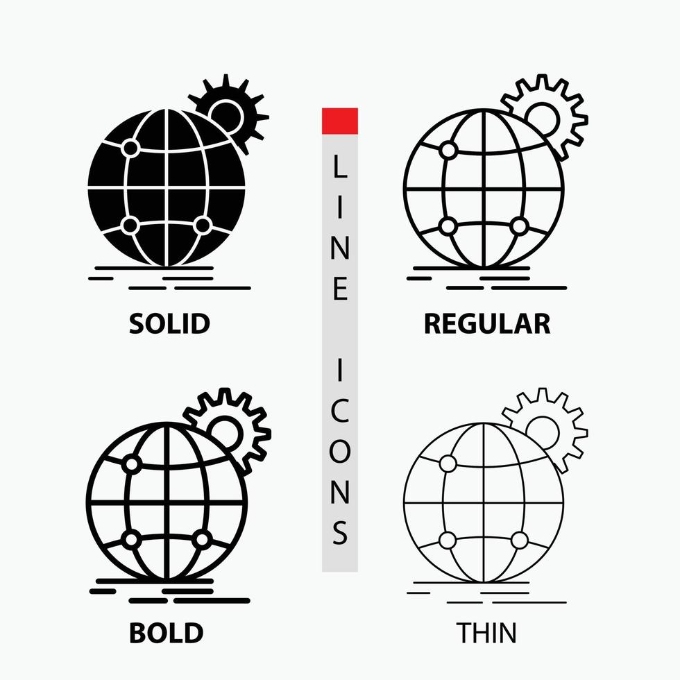 internazionale. attività commerciale. globo. mondo largo. Ingranaggio icona nel sottile. regolare. grassetto linea e glifo stile. vettore illustrazione