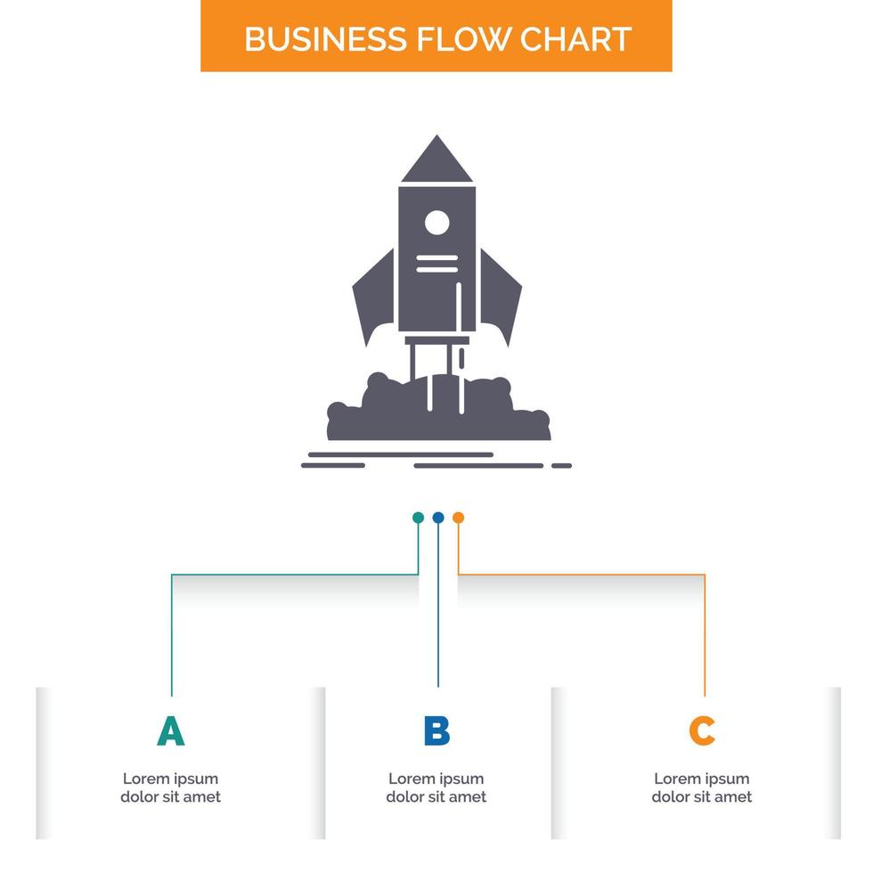 lancio. avviare. nave. navetta. missione attività commerciale flusso grafico design con 3 passi. glifo icona per presentazione sfondo modello posto per testo. vettore