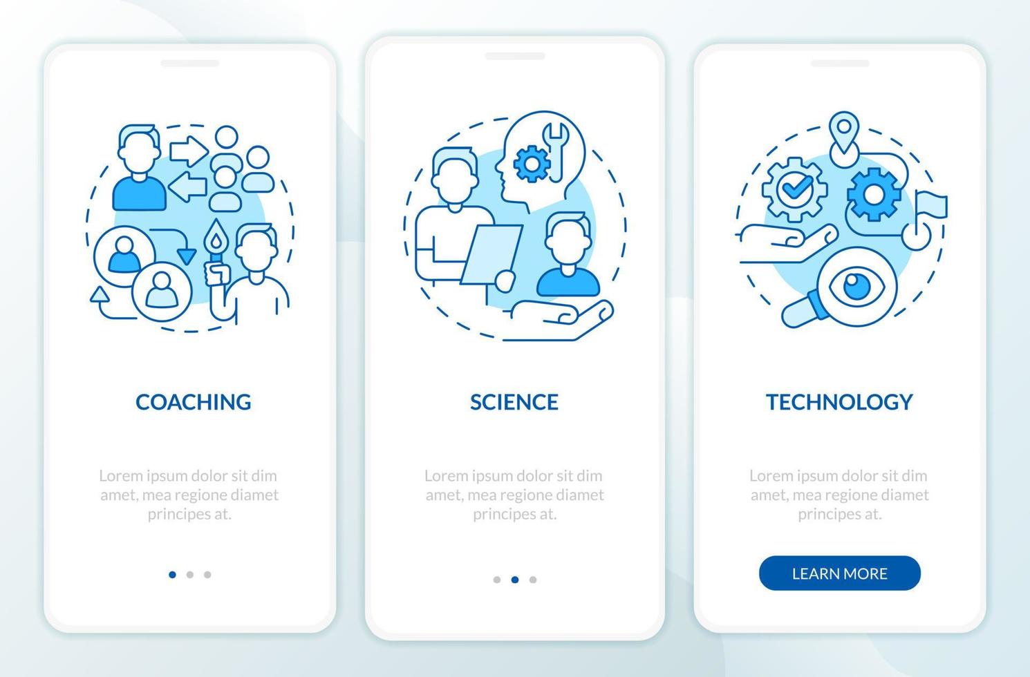 professionale istruire sessioni blu onboarding mobile App schermo. Procedura dettagliata 3 passaggi modificabile grafico Istruzioni con lineare concetti. ui, ux, gui modello. vettore