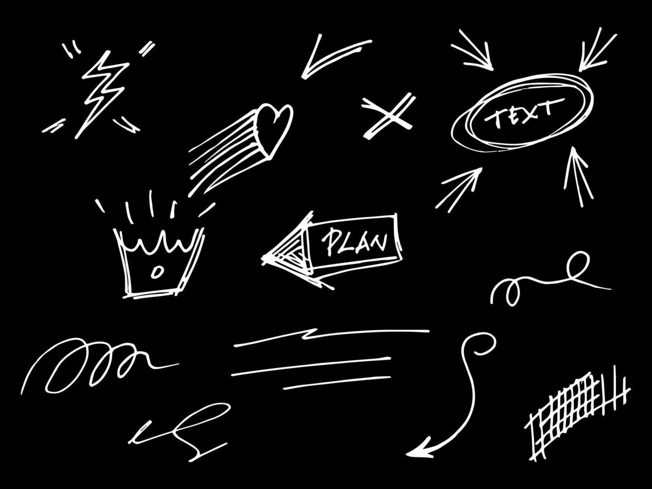scarabocchio elementi per concetto design su impostare. isolato su nero sfondo. Infografica elementi. enfasi, Riccio fruscii, piomba, vortice, freccia. vettore illustrazione