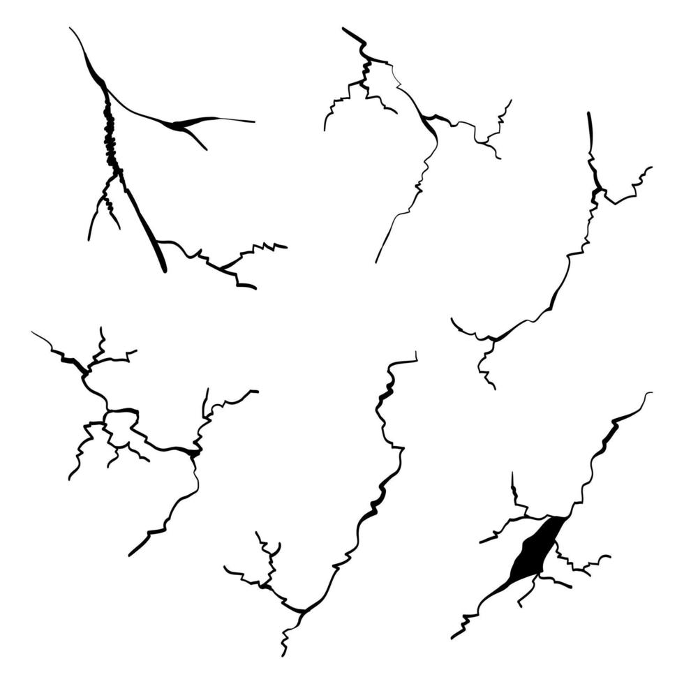 mano disegnato Cracked bicchiere, parete, terra. fulmine tempesta effetto. scarabocchio rompere impostare. vettore illustrazione