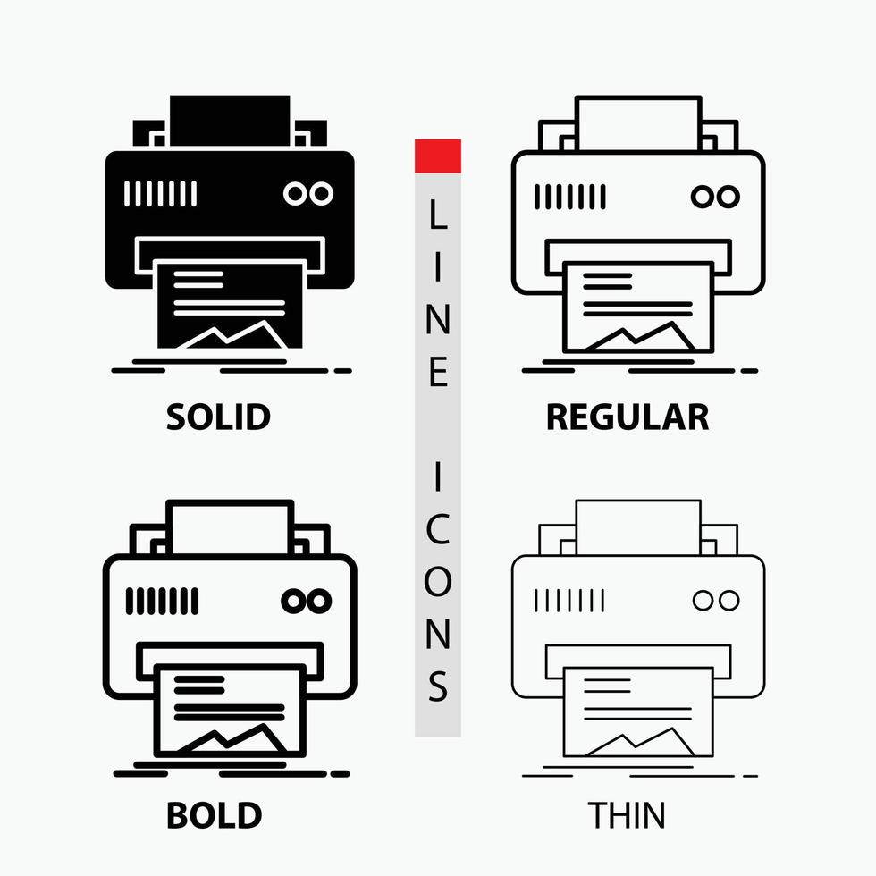 digitale. stampante. stampa. hardware. carta icona nel sottile. regolare. grassetto linea e glifo stile. vettore illustrazione