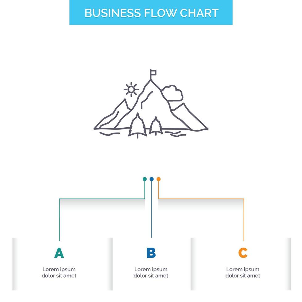 risultato. bandiera. missione. montagna. successo attività commerciale flusso grafico design con 3 passi. linea icona per presentazione sfondo modello posto per testo vettore