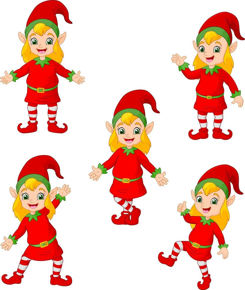 cartone animato Natale elfi nel diverso pose e Azioni vettore