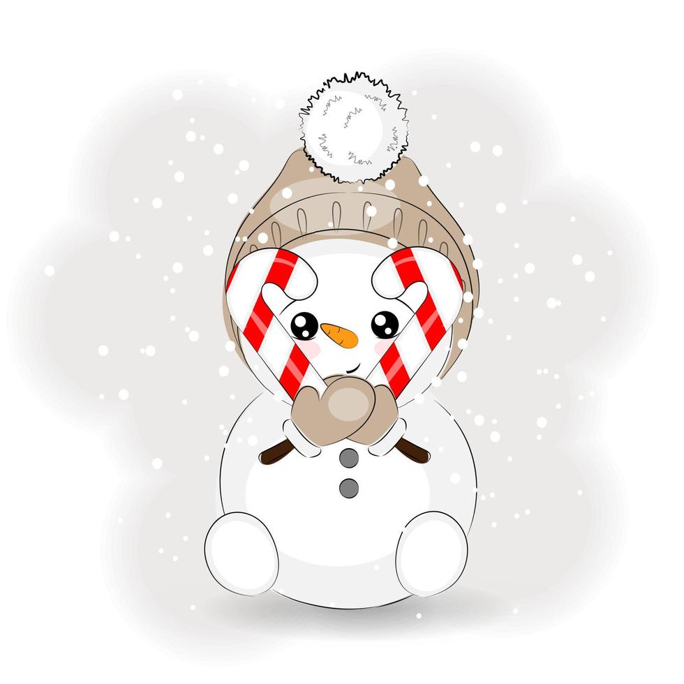 carino Natale pupazzo di neve con caramella, vettore illustrazione