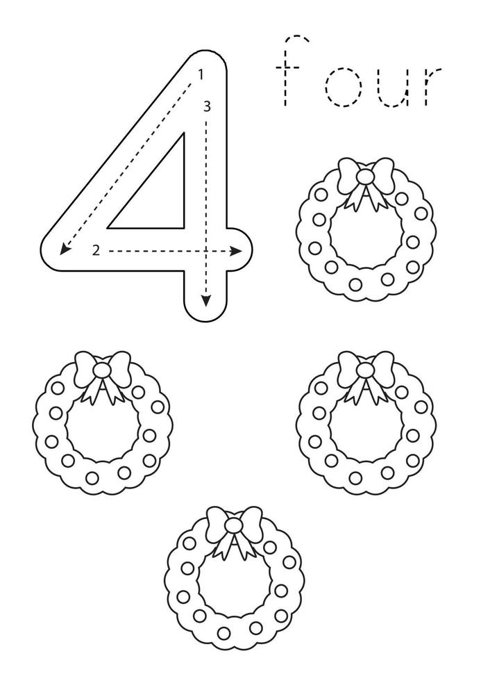 flashcard numero 4. prescolastico foglio di lavoro. Natale ghirlande. vettore