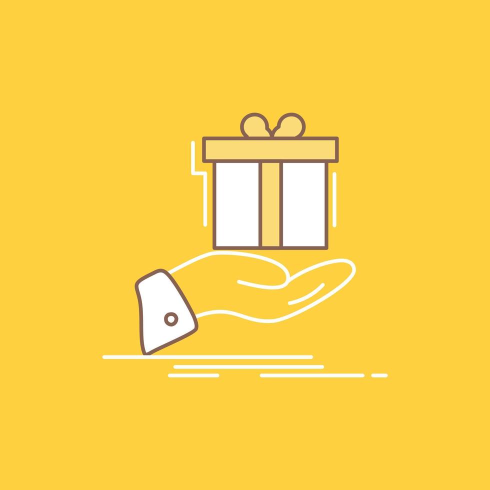 regalo. sorpresa. soluzione. idea. compleanno piatto linea pieno icona. bellissimo logo pulsante al di sopra di giallo sfondo per ui e ux. sito web o mobile applicazione vettore