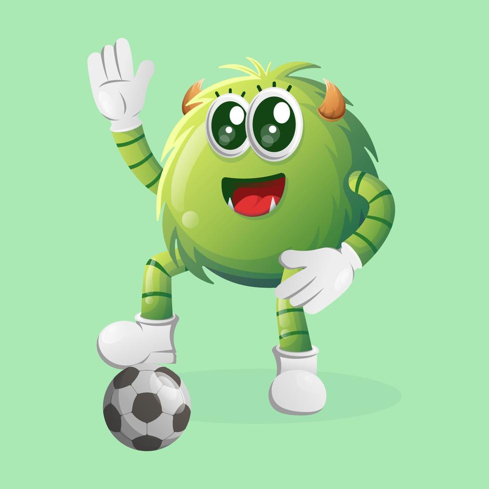 carino verde mostro giocare calcio, calcio palla vettore