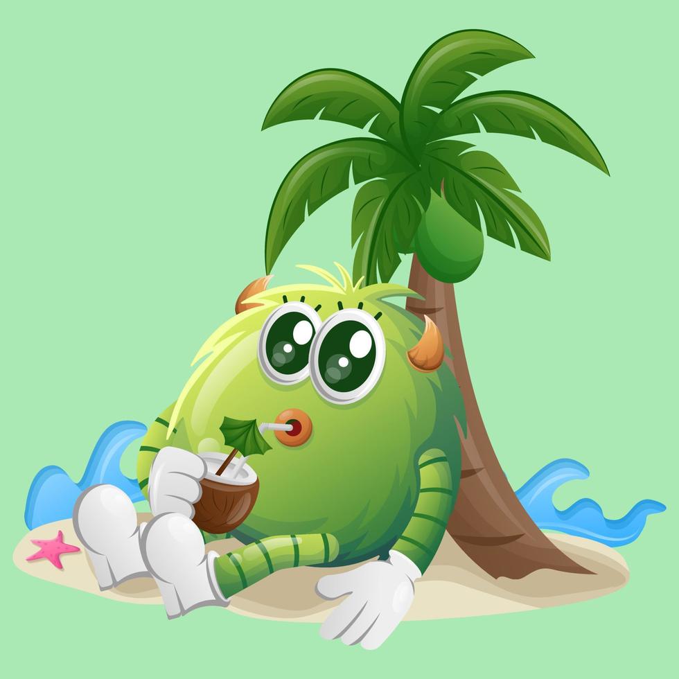 carino verde mostro bevanda Noce di cocco acqua sotto palma albero nel il estate vettore