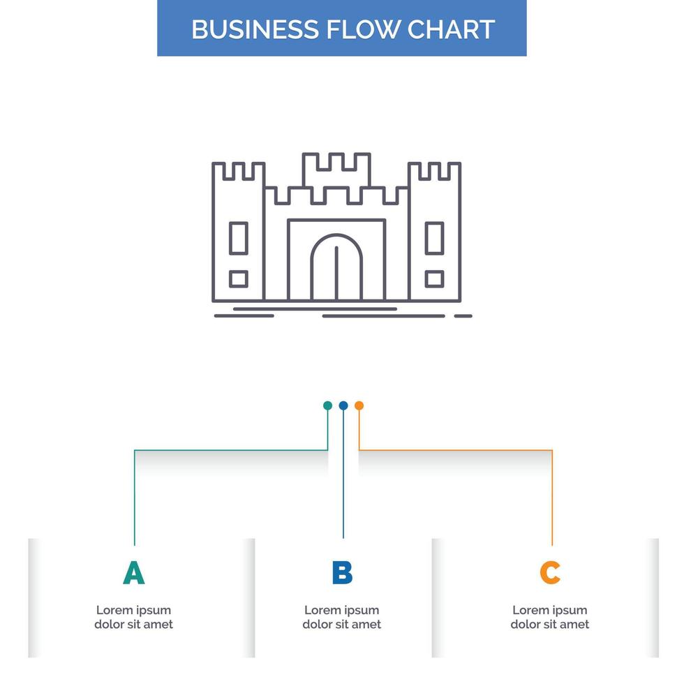 castello. difesa. forte. fortezza. punto di riferimento attività commerciale flusso grafico design con 3 passi. linea icona per presentazione sfondo modello posto per testo vettore