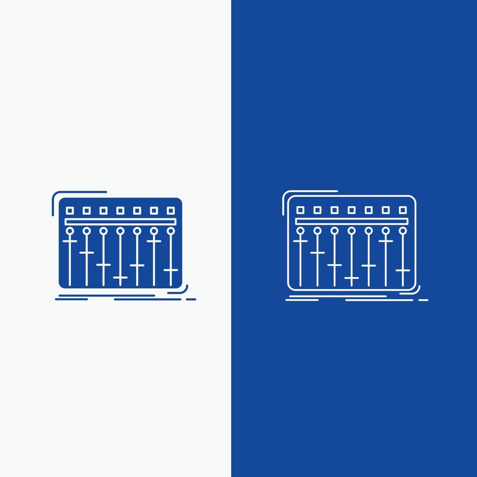 consolle. dj. miscelatore. musica. studio linea e glifo ragnatela pulsante nel blu colore verticale bandiera per ui e ux. sito web o mobile applicazione vettore
