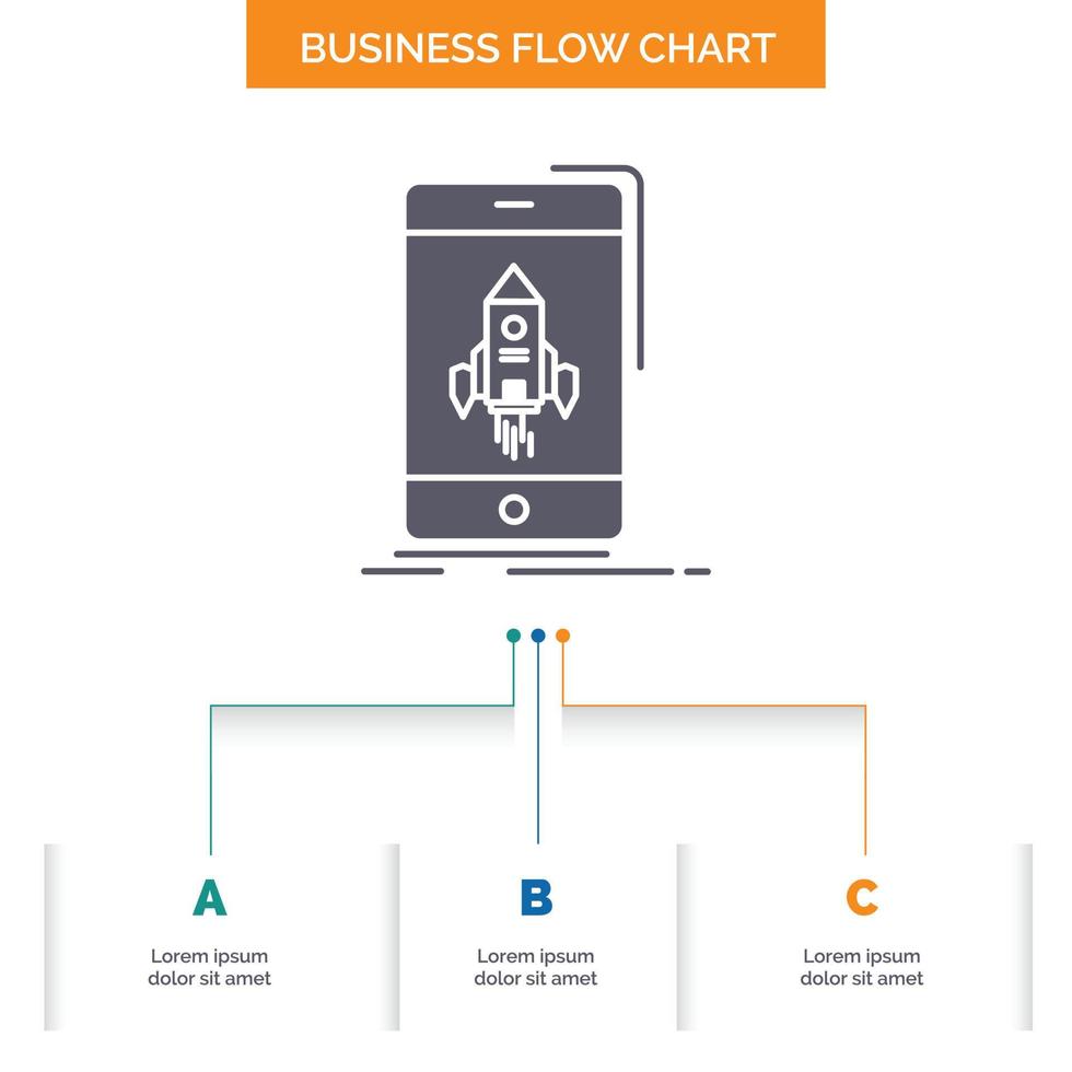 gioco. gioco. inizio. mobile. Telefono attività commerciale flusso grafico design con 3 passi. glifo icona per presentazione sfondo modello posto per testo. vettore