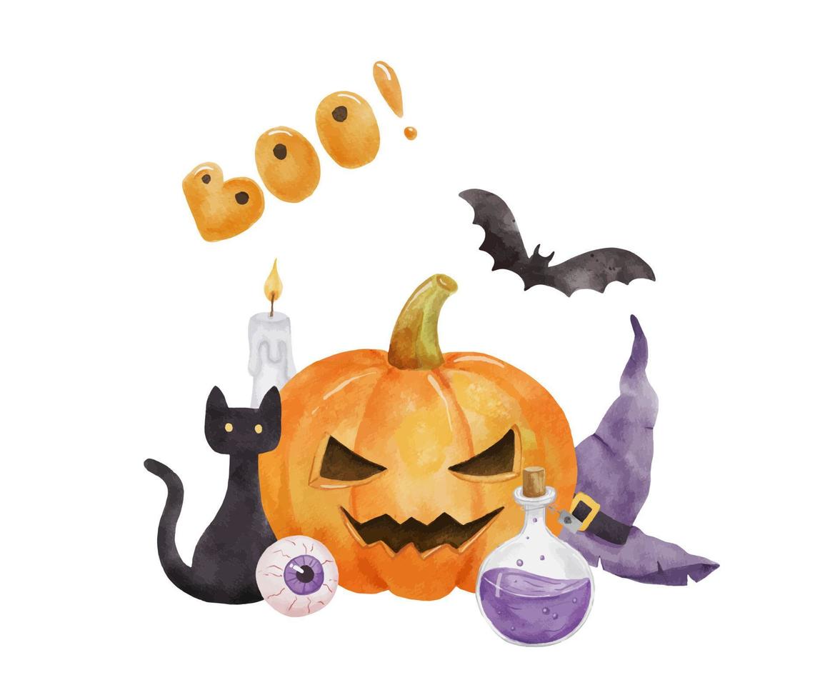 Halloween composizione per carta. zucca, pipistrello, strega cappello e occhio. luminosa acquerello illustrazione isolato su bianca vettore