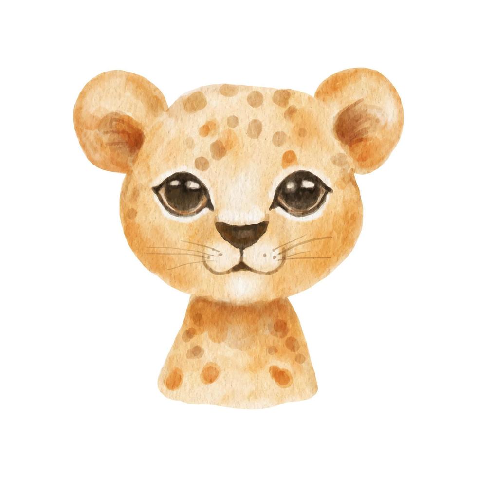 carino ritratto ghepardo testa nel cartone animato stile. disegno africano bambino selvaggio gatto viso isolato su bianca sfondo. acquerello dolce leopardo vettore