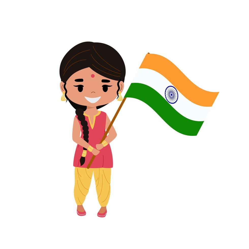 indiano ragazza nel nazionale costume Tenere il bandiera di India. piatto vettore illustrazione nel moderno stile.