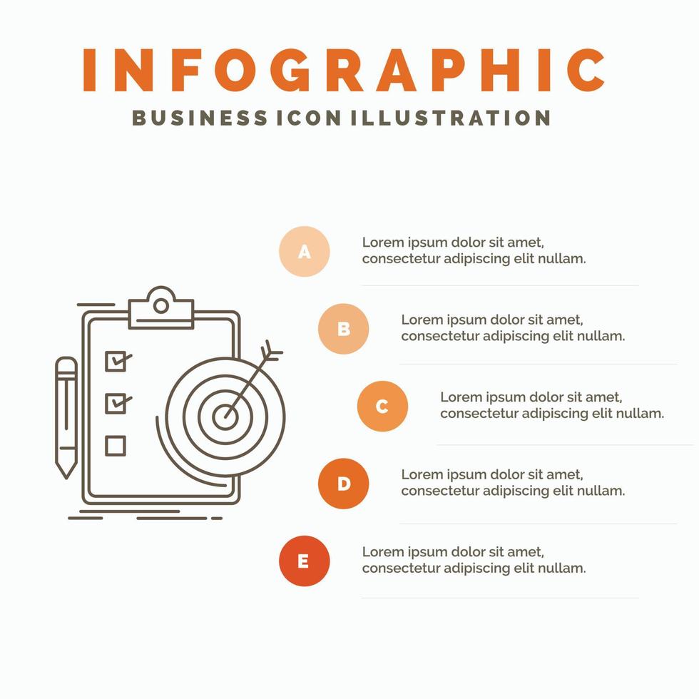 obiettivi. rapporto. analitica. obbiettivo. realizzazione infografica modello per sito web e presentazione. linea grigio icona con arancia Infografica stile vettore illustrazione