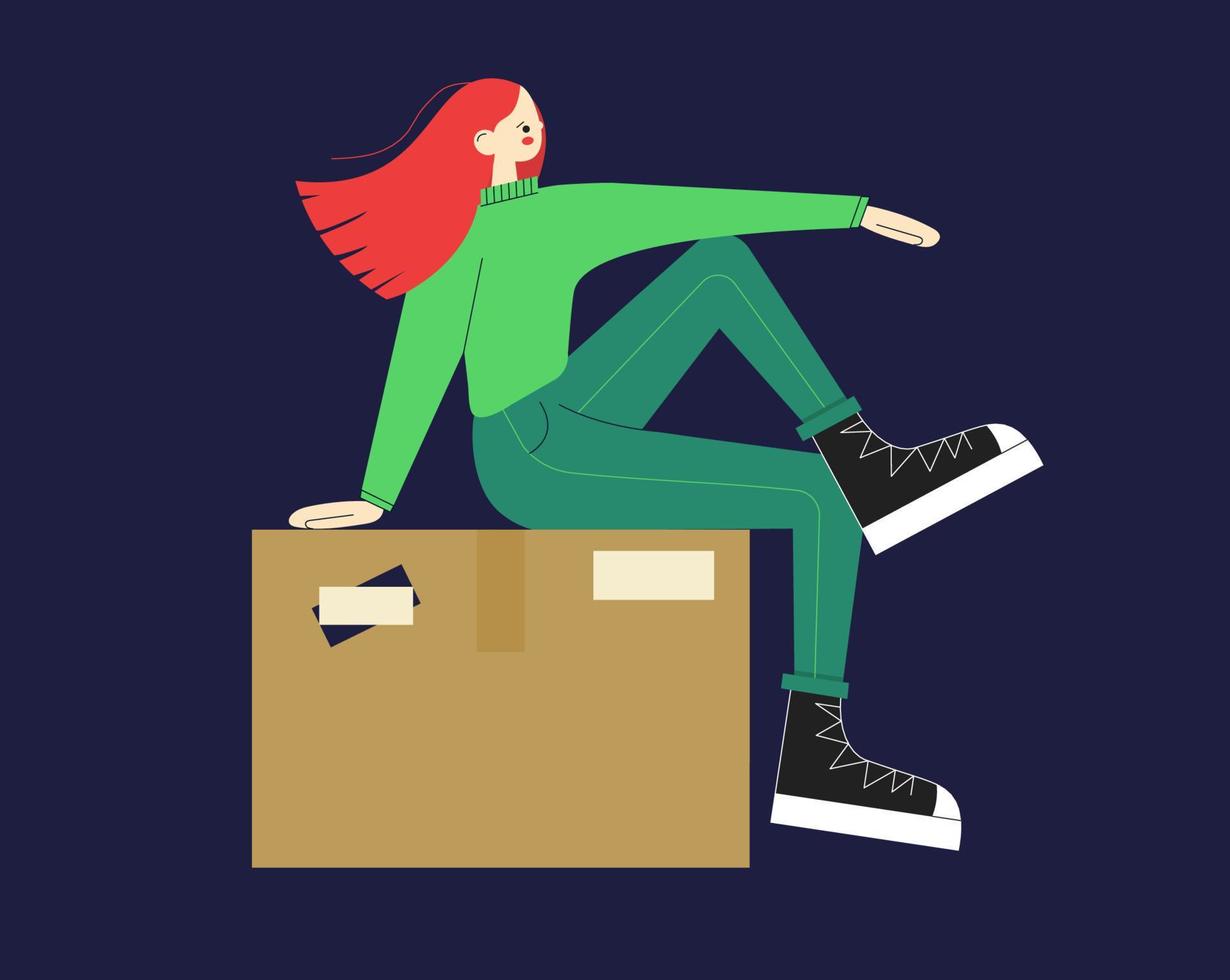 giovane ragazza nel scarpe da ginnastica con rosso capelli e seduta su un' pacco scatola. vettore azione illustrazione nel piatto stile su blu sfondo.