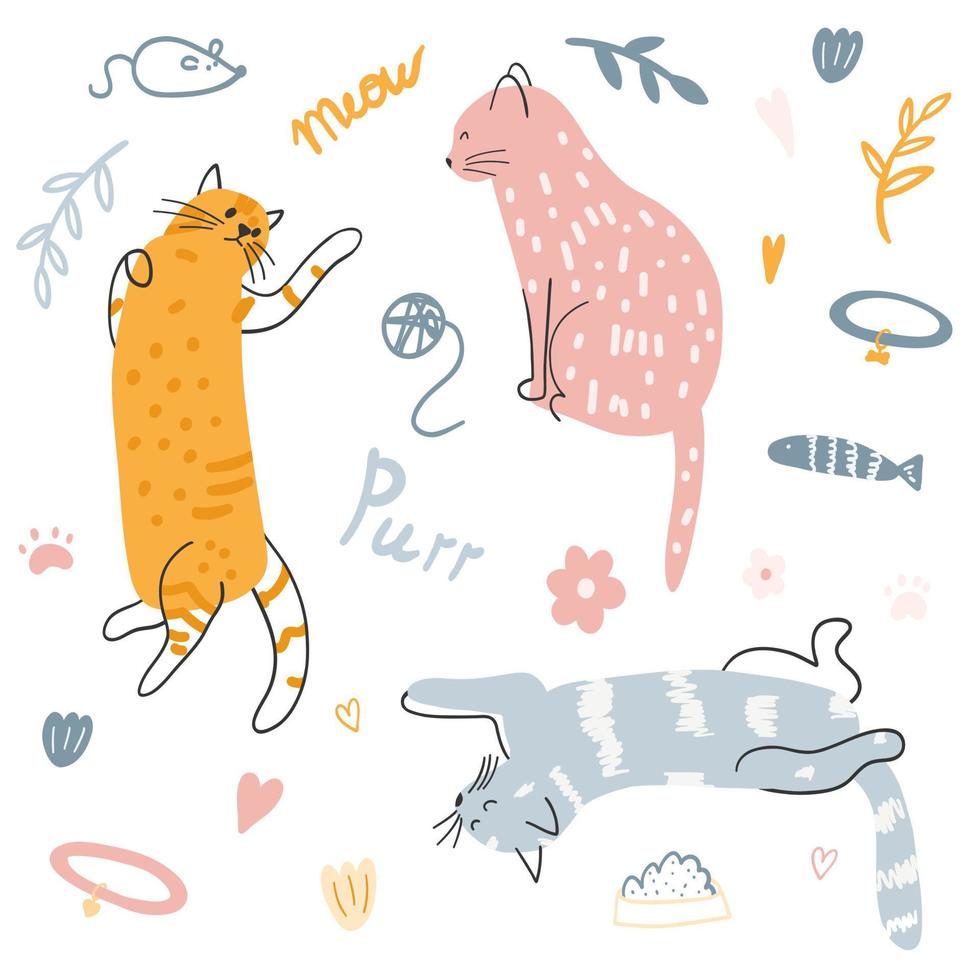 impostato di mano disegnato carino colorato gatti. vettore illustrazione di gattini, divertente animale per manifesto, tessuto Stampa, bambini tessile, carta design