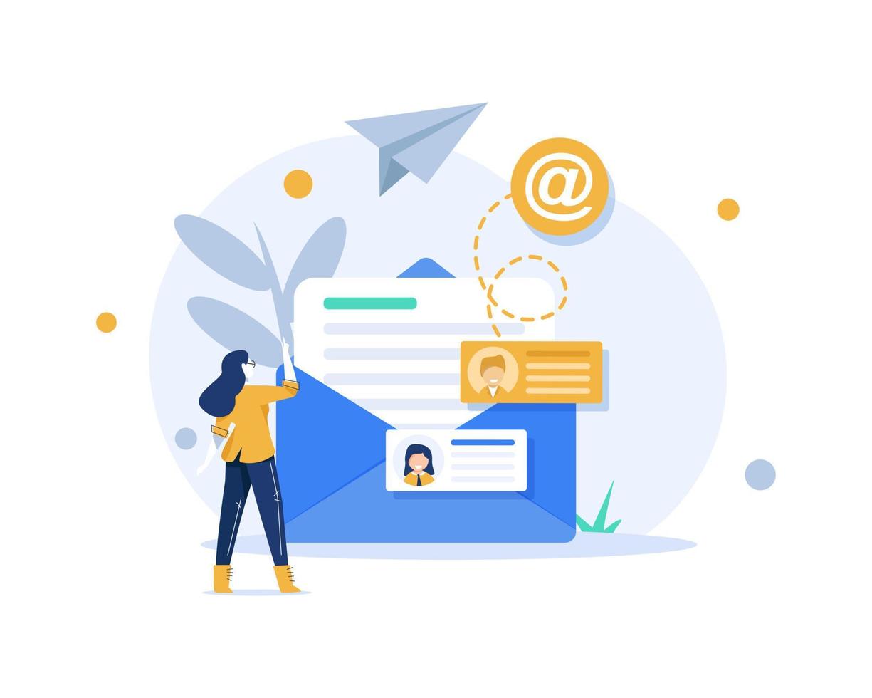 e-mail e messaggistica, e-mail marketing campagna, lavoro processi, nuovo e-mail messaggio, piatto design icona vettore illustrazione