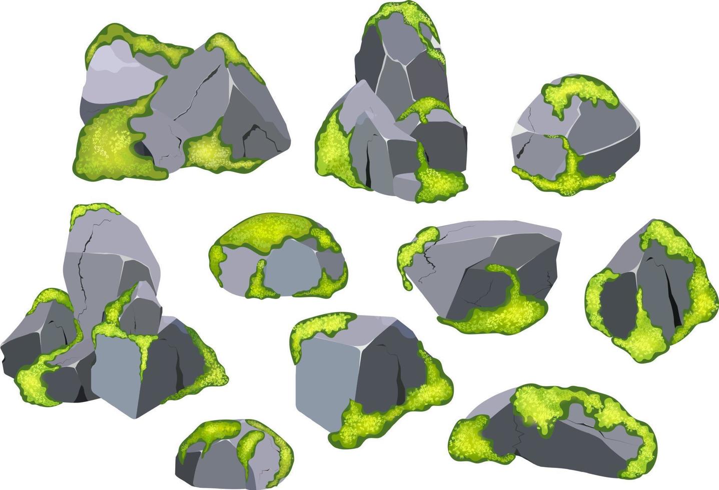 collezione di pietre di vario forme con verde muschio.costiera ciottoli, ciottoli, ghiaia, minerali e geologica formazioni con verde lichene.roccia frammenti, massi e edificio Materiale. vettore