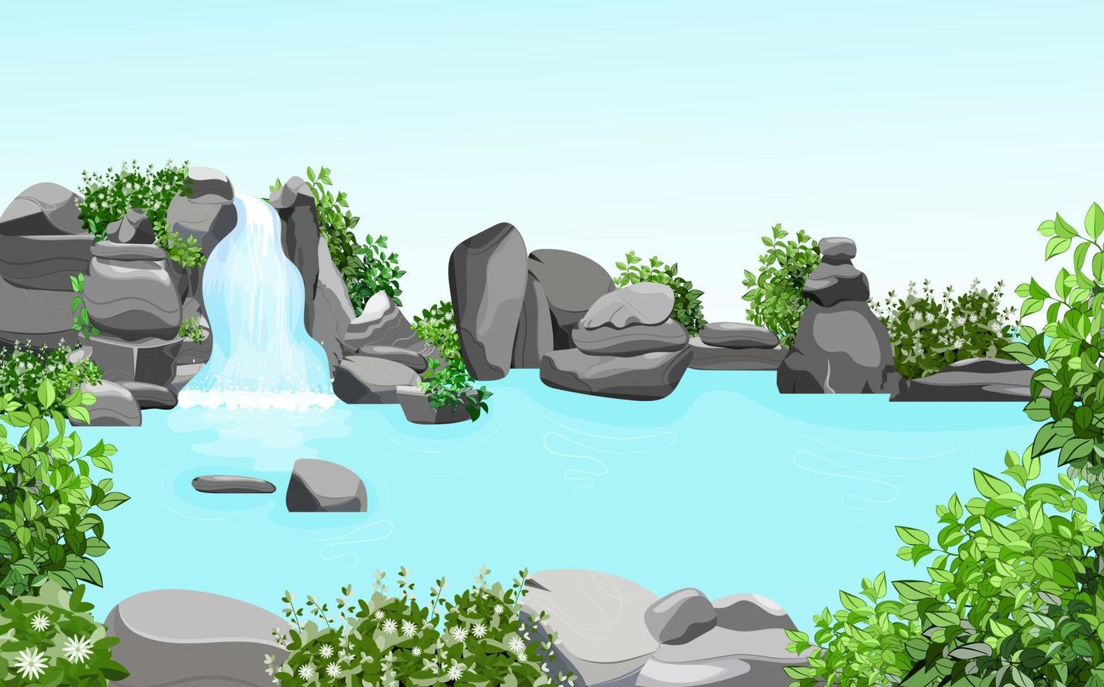 impostato di naturale tropicale paesaggio con un' cascata fluente fra rocce e pietre. un' acqua ruscello flussi in un' blu lago coperto di vegetazione con selvaggio cespugli e alberi. vettore