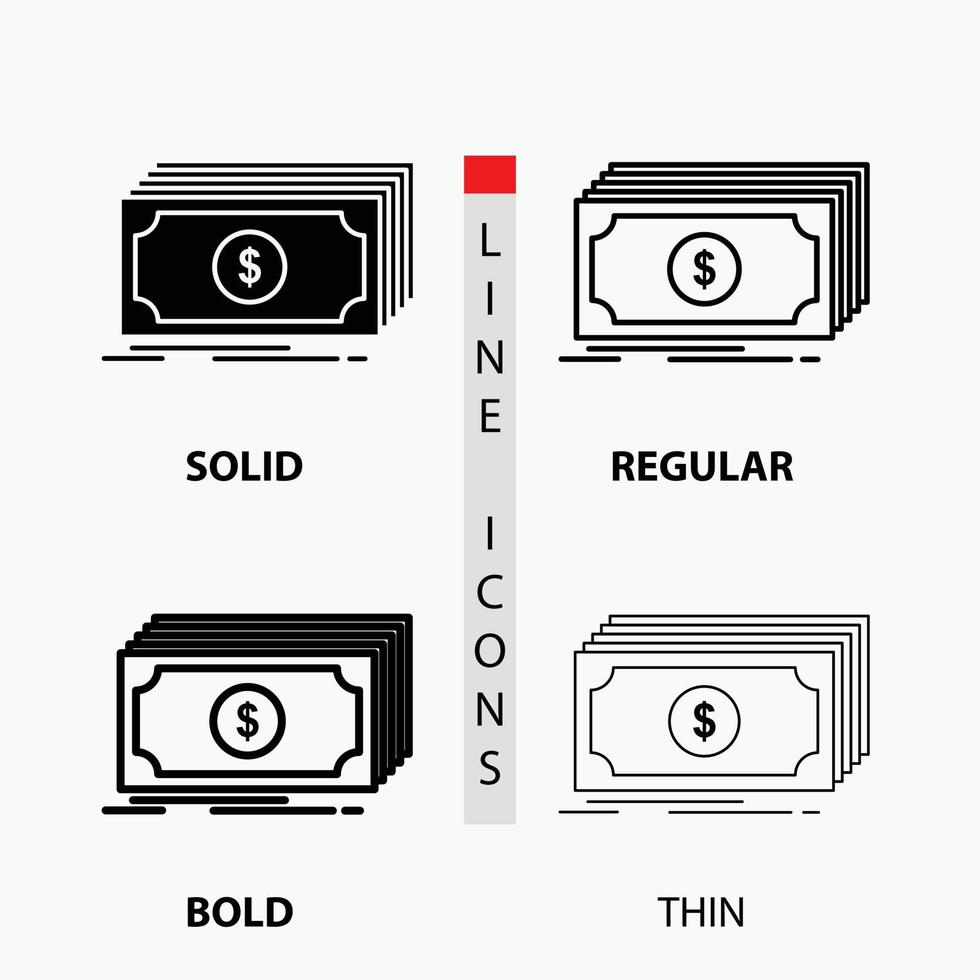 Contanti. dollaro. finanza. fondi. i soldi icona nel sottile. regolare. grassetto linea e glifo stile. vettore illustrazione