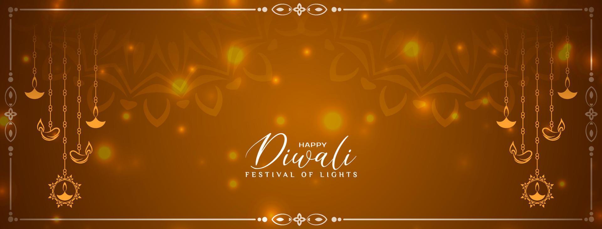contento Diwali indiano Festival bandiera con decorativo sospeso lampade vettore