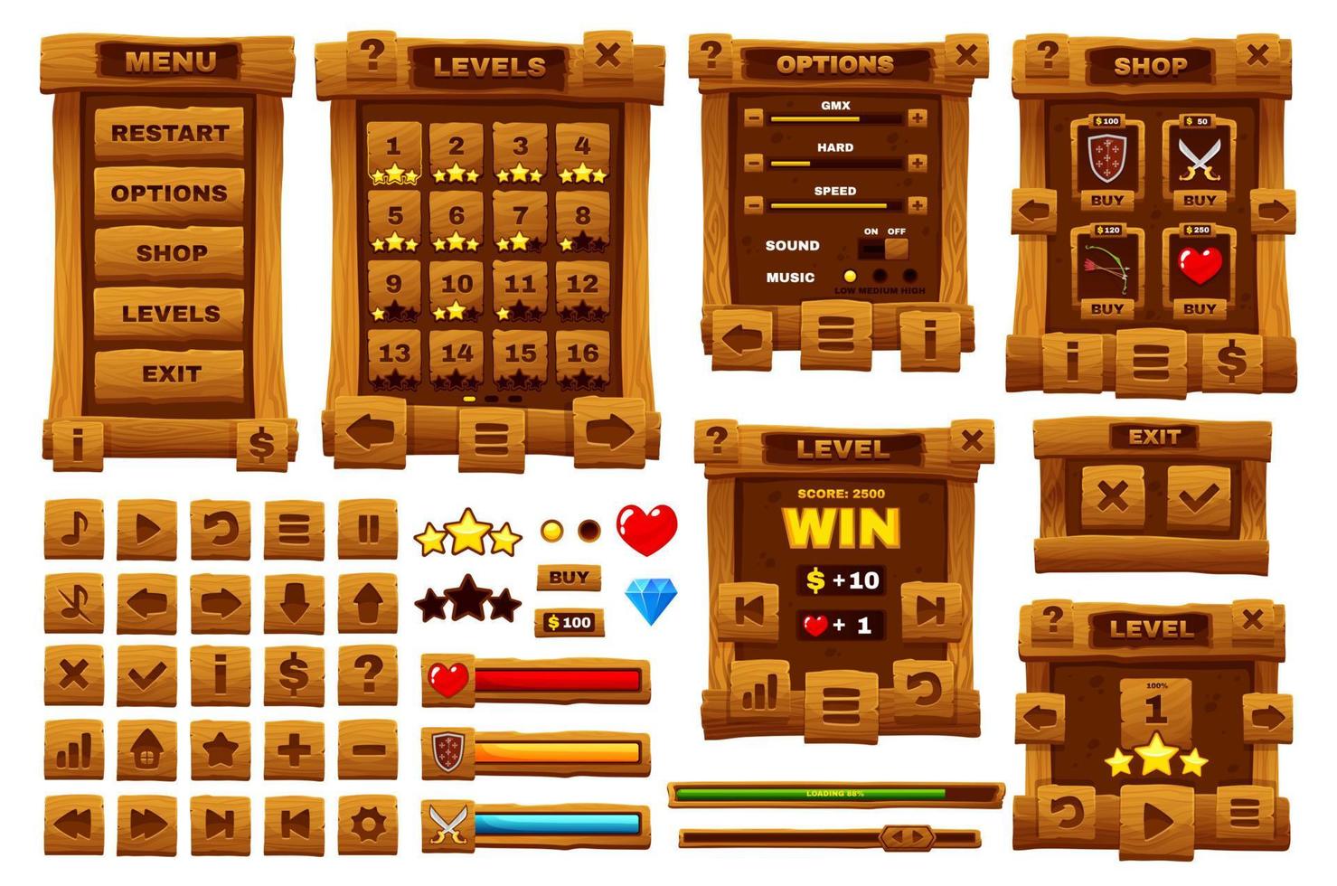 di legno pulsante, cartone animato interfaccia ui o gioco gui vettore