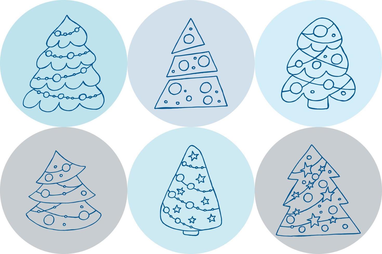 una serie di alberi di natale disegnati a mano. illustrazione vettoriale in stile doodle. umore invernale. ciao 2023. buon natale e felice anno nuovo. elementi blu su sfondo blu.