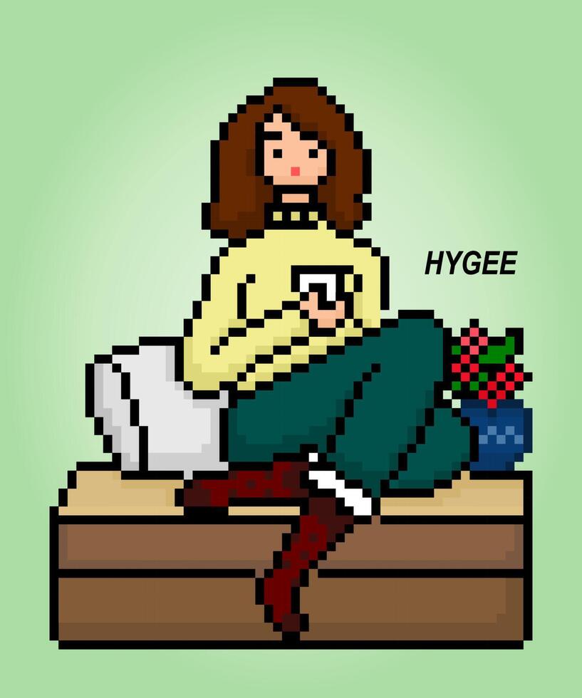 8 bit pixel il tema hygge. il cartone animato di donne seduta rilassante e potabile caffè nel vettore illustrazioni.