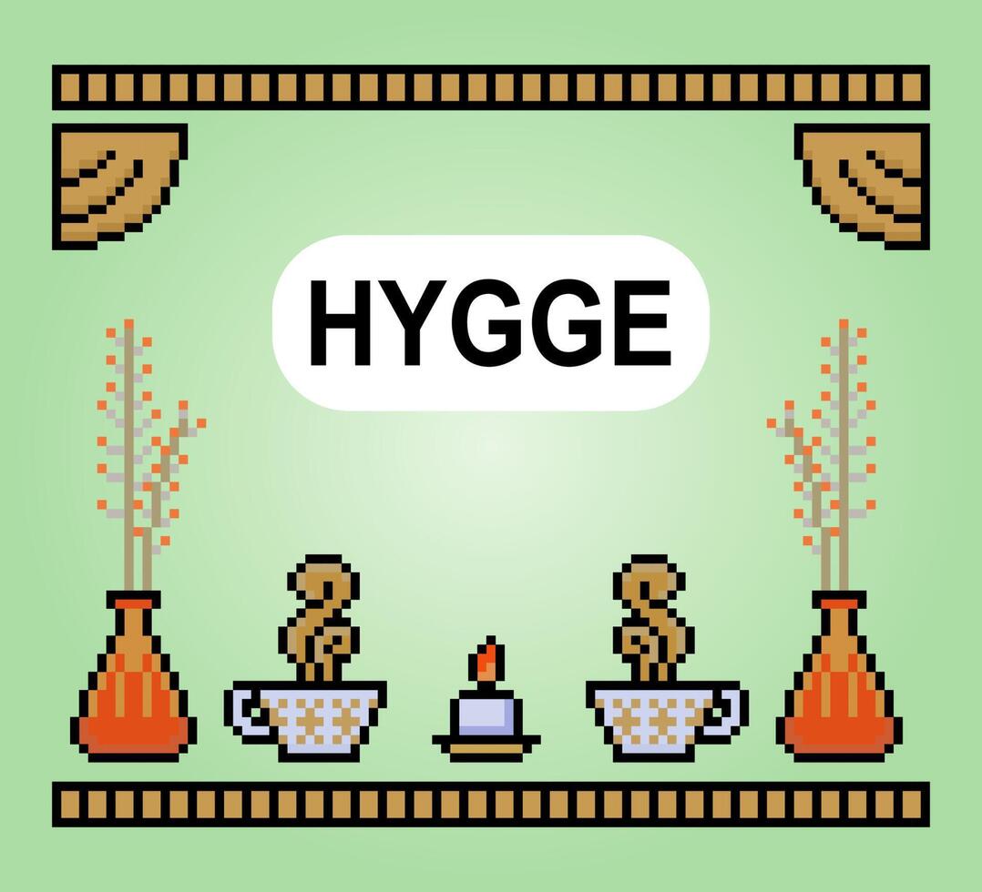 8 bit pixel il tema hygge. il utensili per rilassante nel vettore illustrazioni.