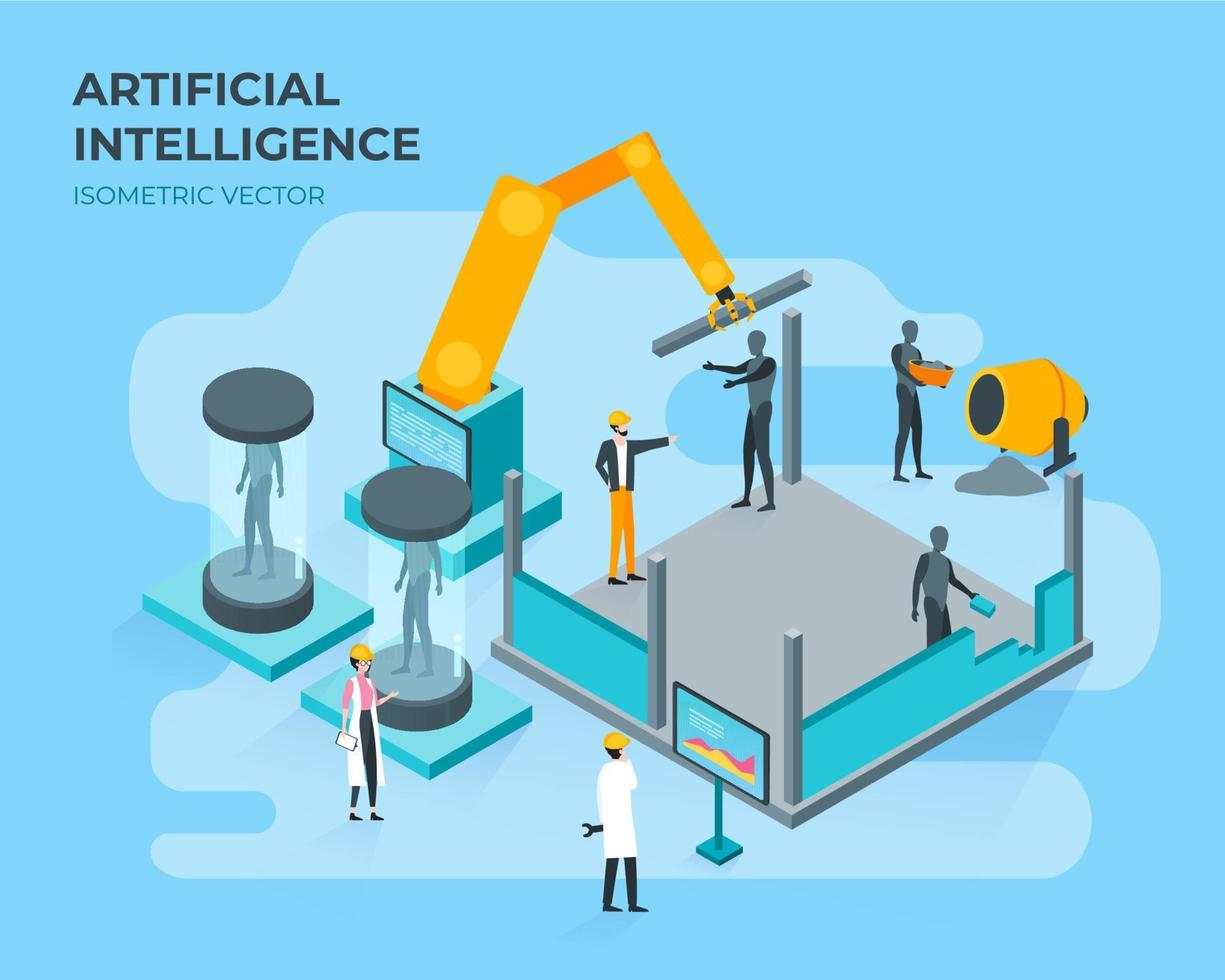 artificiale intelligenza. umano e robot Lavorando insieme. edificio costruzione futuro tecnologia concetto vettore