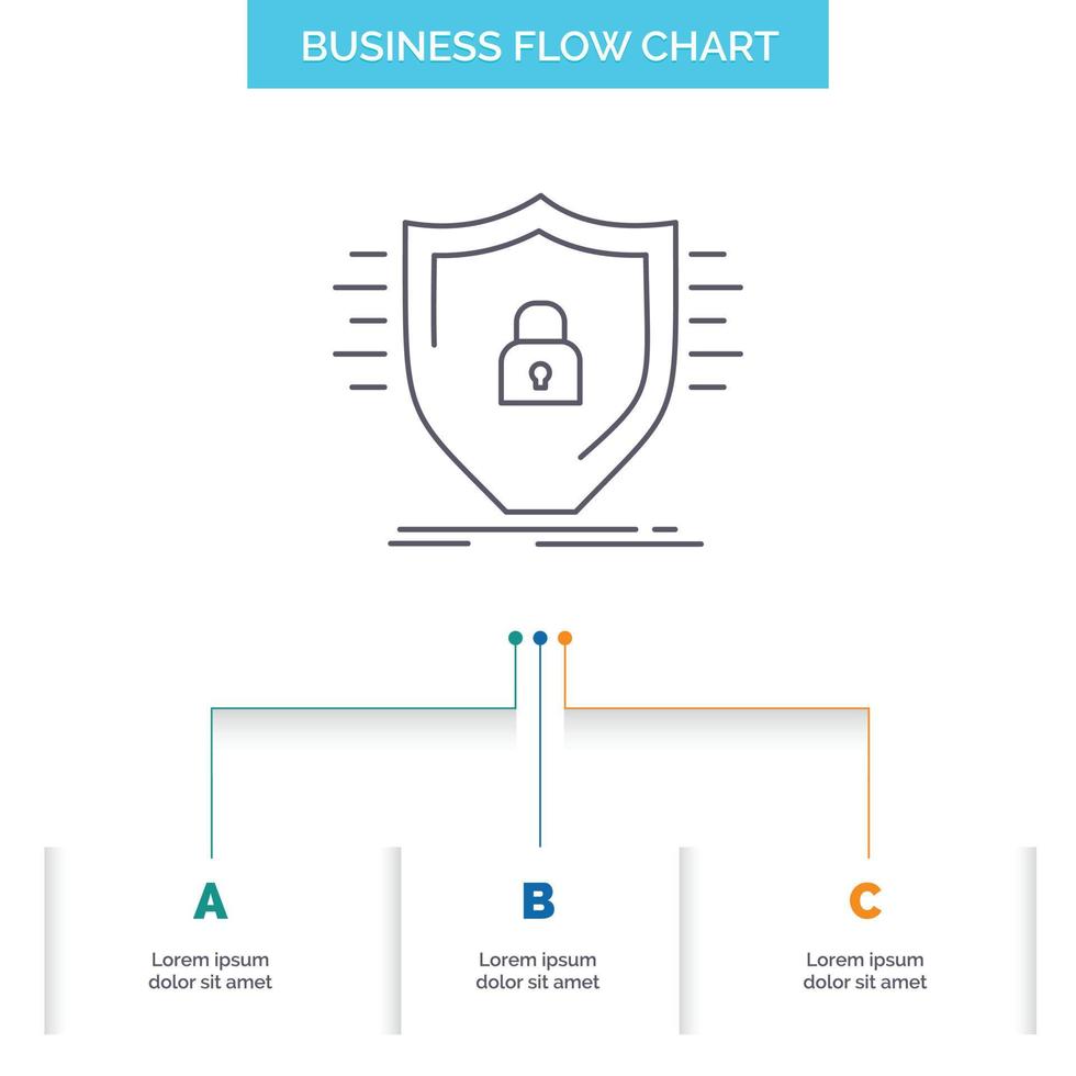 difesa. firewall. protezione. sicurezza. scudo attività commerciale flusso grafico design con 3 passi. linea icona per presentazione sfondo modello posto per testo vettore