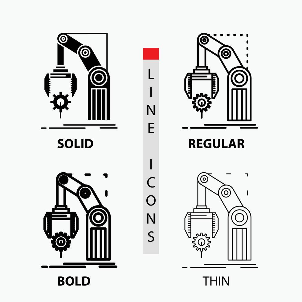 automazione. fabbrica. mano. meccanismo. pacchetto icona nel sottile. regolare. grassetto linea e glifo stile. vettore illustrazione