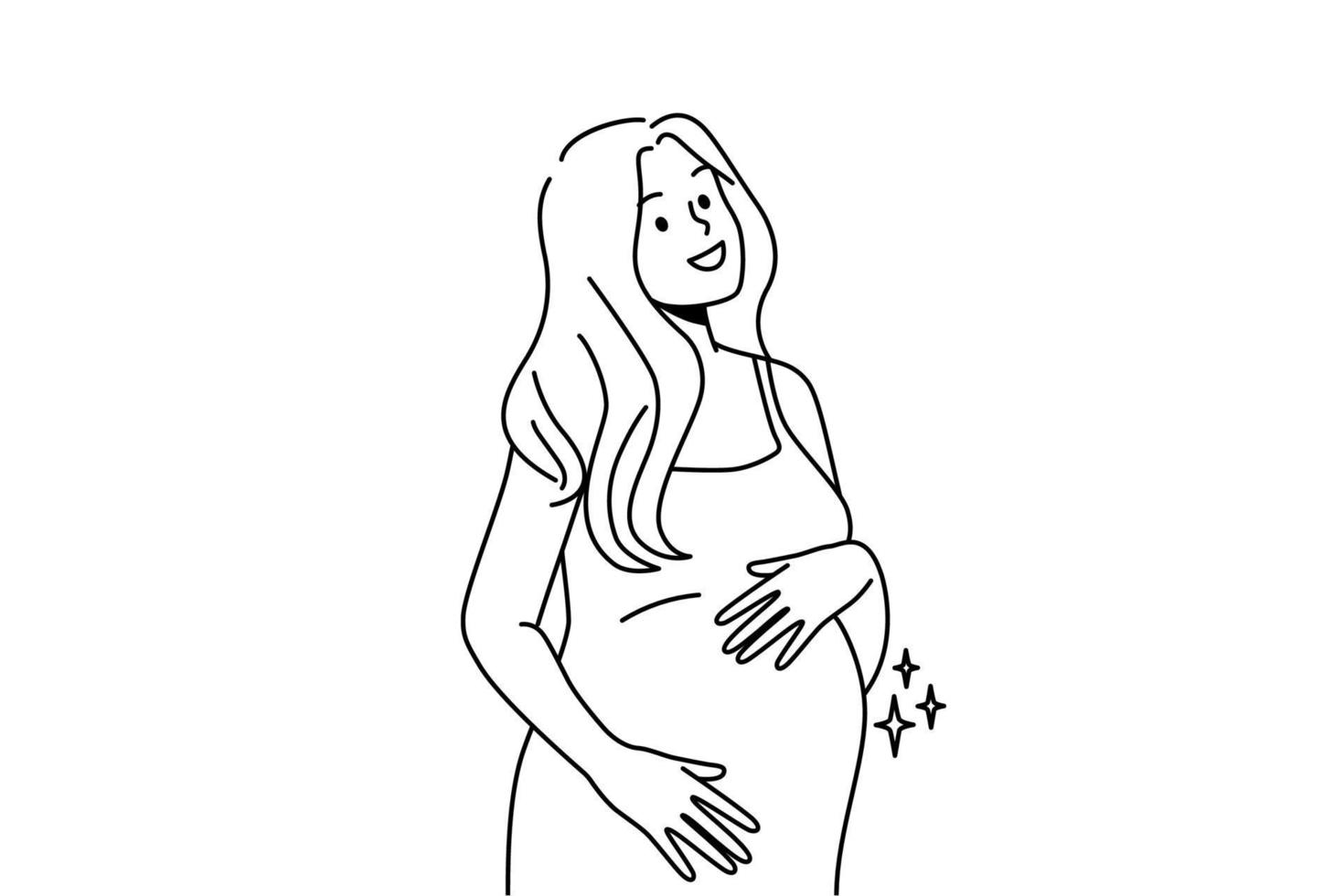 sorridente giovane donna toccante pancia eccitato con gravidanza. contento incinta femmina hold mani carezza addome. maternità concetto. vettore illustrazione.