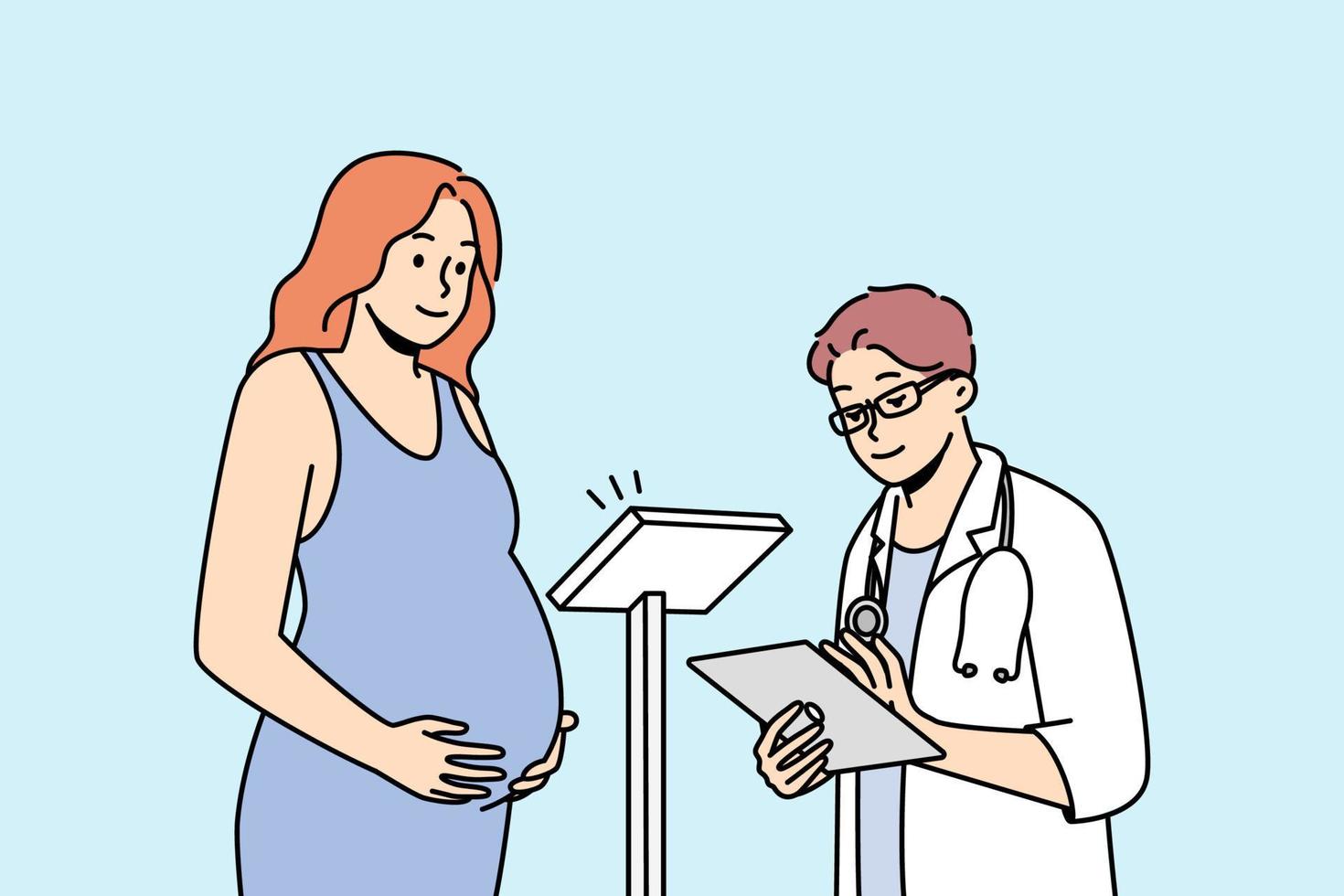 medico controllo incinta donna nel Ospedale. maschio gp pesare femmina con gravidanza a appuntamento nel clinica. assistenza sanitaria e medicinale. vettore illustrazione.
