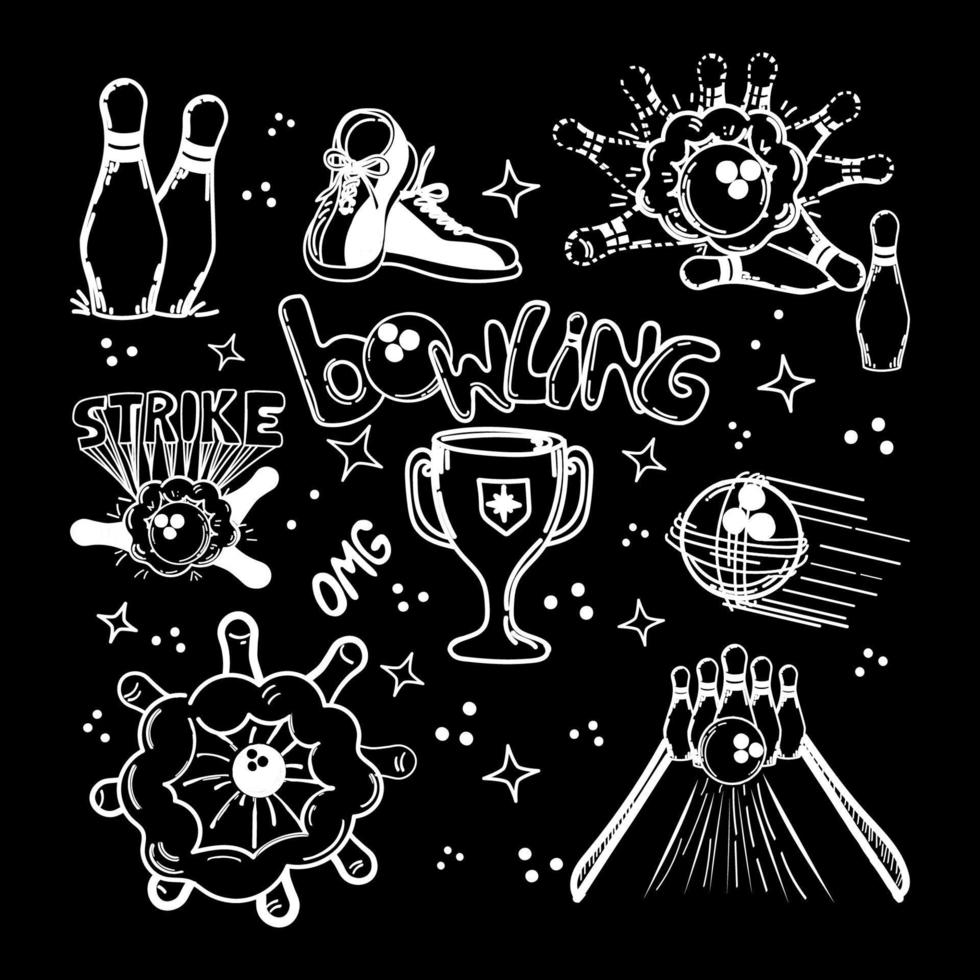 un' impostato di disegnato a mano elementi con un' bowling tema. bowling sfera, spille, scarpe. tazza. vittoria. manoscritto iscrizione sciopero . il palla spacca il spille. bowling corsia. birilli. sport. il gioco. colpire vettore