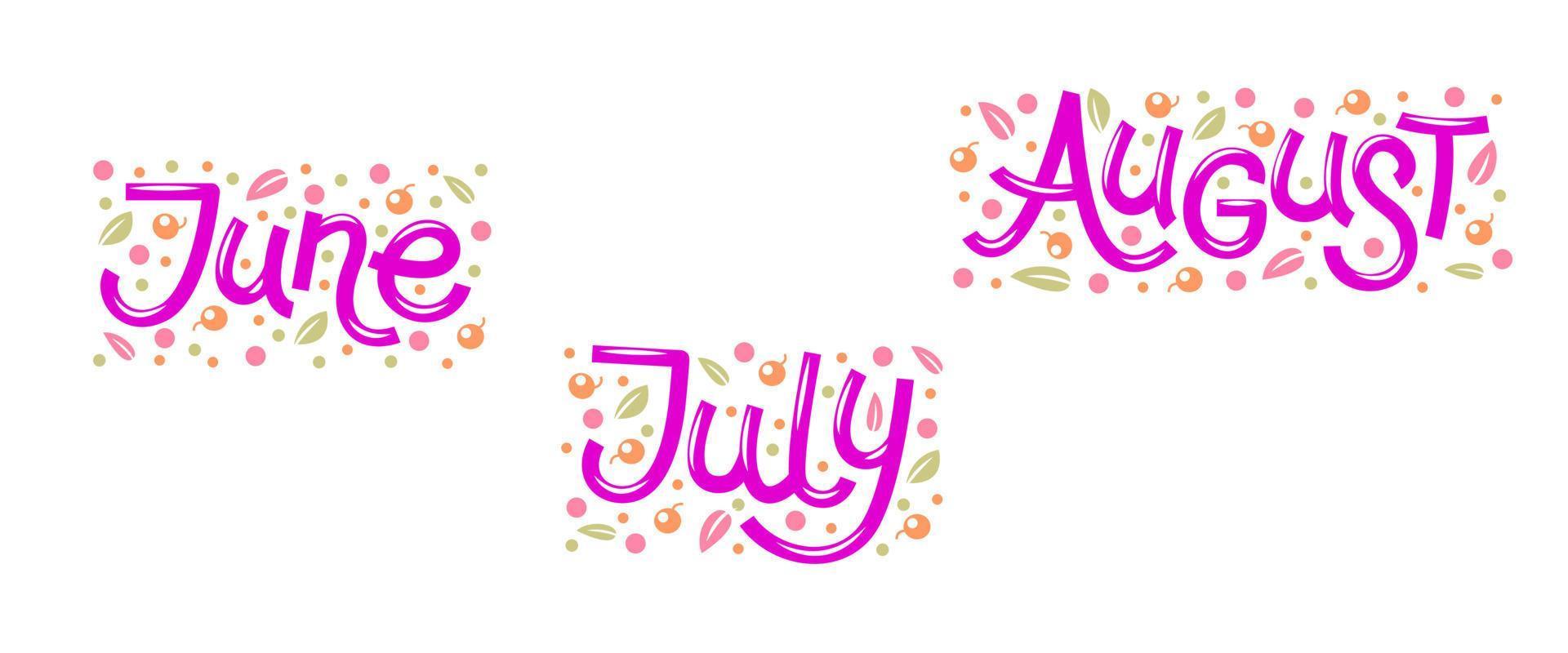 vettore impostato con mele le foglie parole estate mesi - giugno, luglio, agosto.