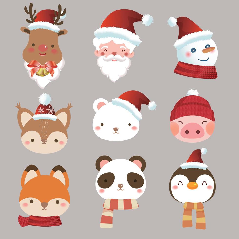 carino Natale ritratto con Santa claus, pupazzo di neve, alce e altro animali con caldo sciarpa o rosso cappello vettore