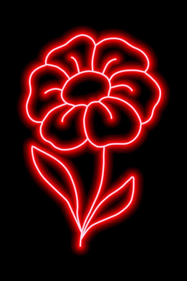 neon rosso fiore con petali e le foglie su un' nero sfondo. semplice illustrazione vettore