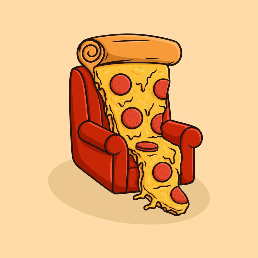Pizza seduta su il rosso divano cartone animato vettore illustrazione