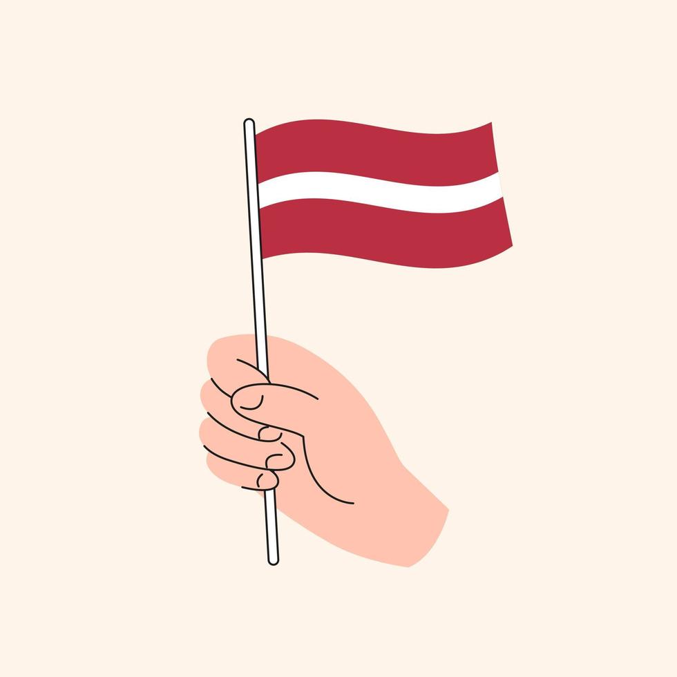 cartone animato mano Tenere lettone bandiera. bandiera di Lettonia, concetto illustrazione, piatto design isolato vettore. vettore