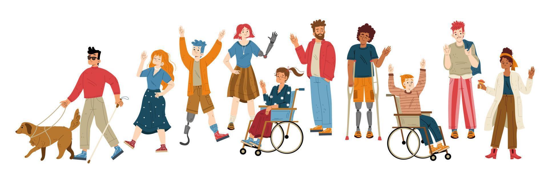 persone con diverso disabilità agitando mano vettore