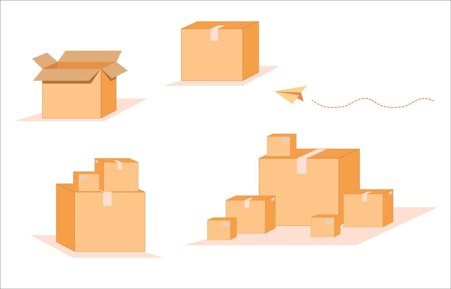 realistico finto su impostato di carta pacchi scatola, cartone, inviare scatole. a partire dal lato, davanti, superiore Visualizza Aperto e Chiuso. pacco confezione modello - vettore illustrazione.