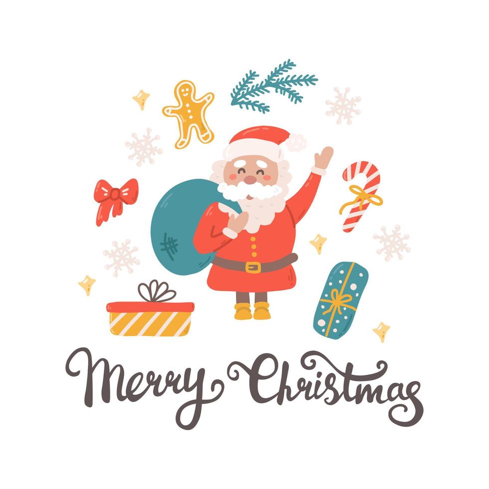 saluto carta, carino Santa con i regali e fiocchi di neve, mano lettering allegro Natale, vettore piatto illustrazione su bianca sfondo
