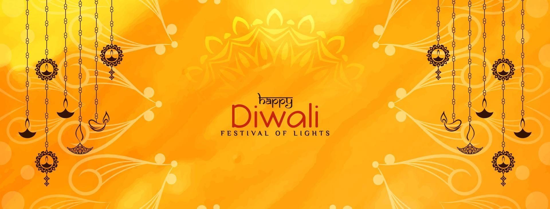 contento Diwali Festival giallo bandiera con sospeso lampade design vettore