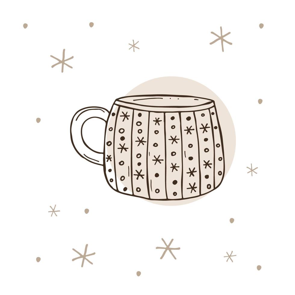tazza di tè o caffè con un' i fiocchi di neve su un' bianca e Marrone sfondo. vettore illustrazione nel scarabocchio stile. inverno umore. Ciao 2023. allegro Natale e contento nuovo anno.