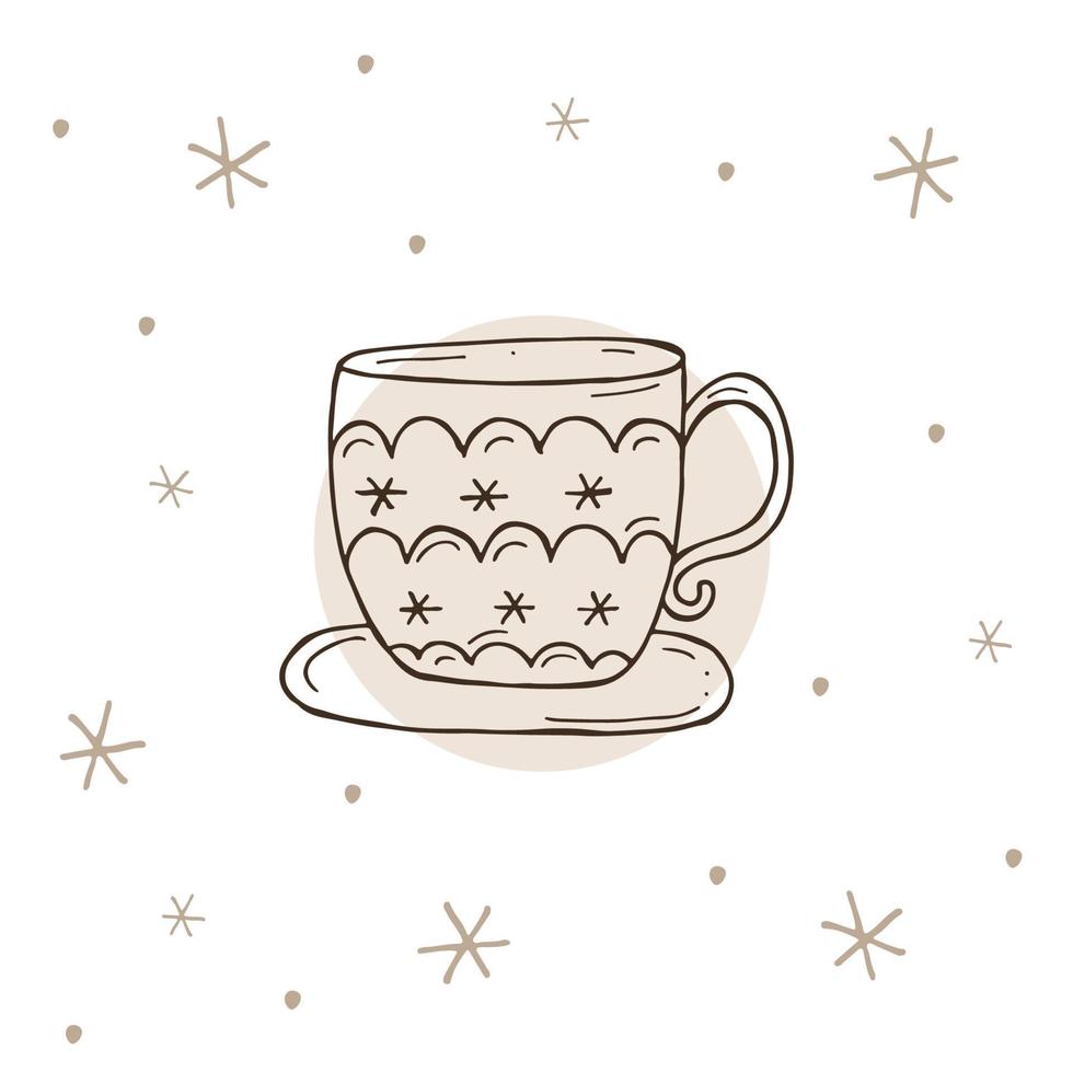 tazza di tè o caffè con un' i fiocchi di neve su un' bianca e Marrone sfondo. vettore illustrazione nel scarabocchio stile. inverno umore. Ciao 2023. allegro Natale e contento nuovo anno.