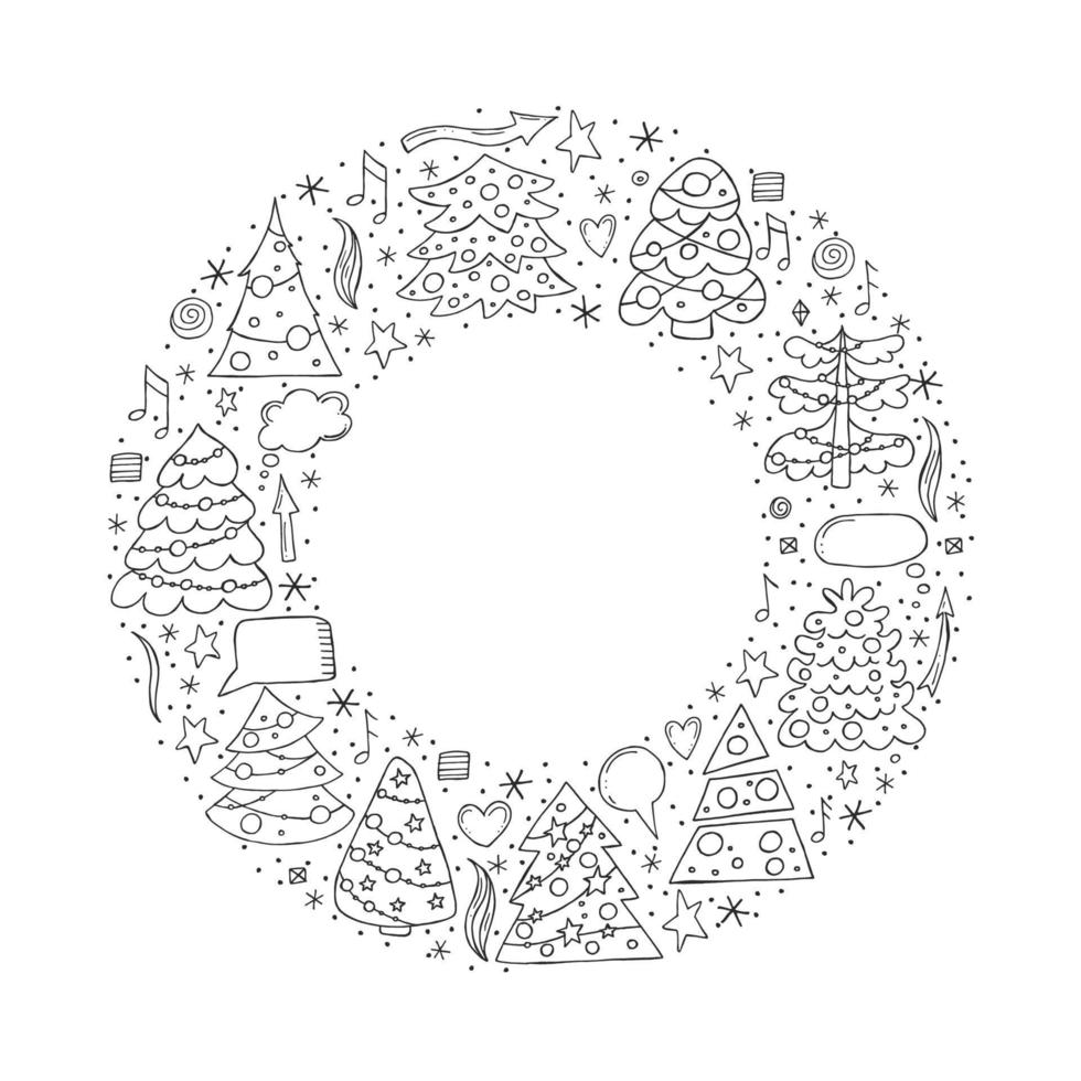 carino Natale alberi nel il forma di un' cerchio.vettore illustrazione nel scarabocchio stile. inverno umore. Ciao 2023. allegro Natale e contento nuovo anno. vettore