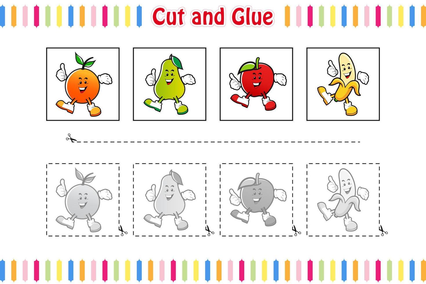 tagliare e colla gioco per bambini, formazione scolastica, sviluppando, foglio di lavoro, colore attività pagina. frutta cartone animato personaggio vettore